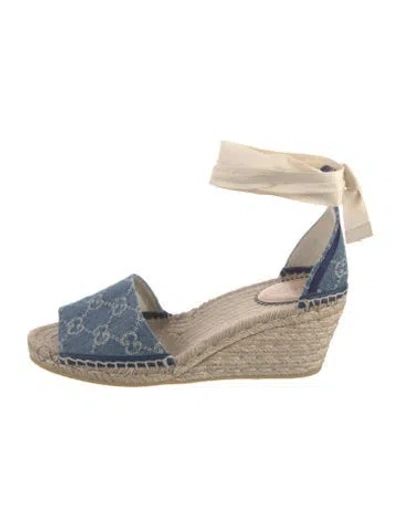 Pre-owned Gucci Double G Logo Denim Espadrilles In Blue