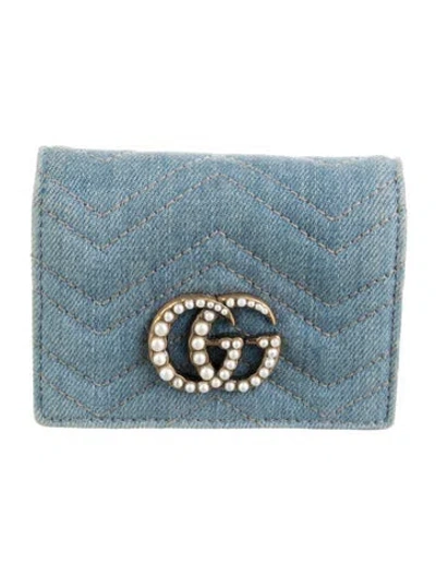 Pre-owned Gucci Double G Logo Denim Wallet In Blue