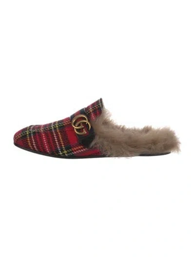 Pre-owned Gucci Double G Logo Fur Trim Slippers In Red