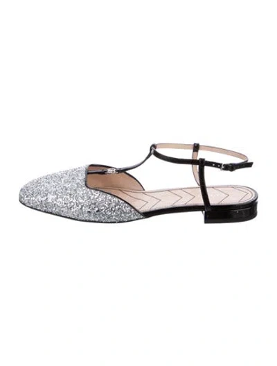 Pre-owned Gucci Double G Logo Glitter Slingback Flats In Silver