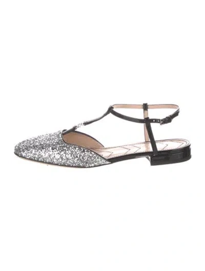 Pre-owned Gucci Double G Logo Glitter Slingback Flats In Silver