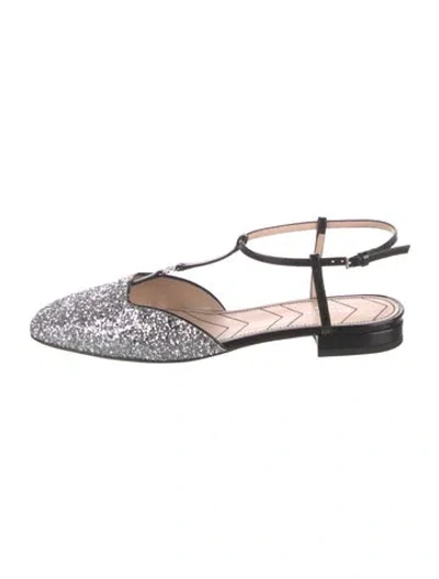 Pre-owned Gucci Double G Logo Glitter Slingback Flats W/ Tags In Black