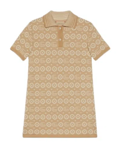 Gucci Double G Logo Jacquard Polo Dress In Neutrals