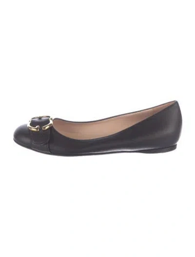 Pre-owned Gucci Double G Logo Leather Ballet Flats In Black