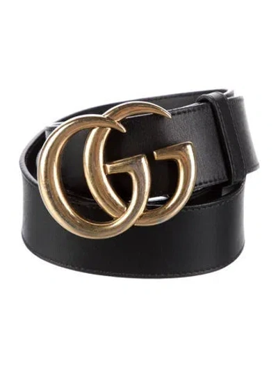 Pre-owned Gucci Double G Logo Leather Belt In Black