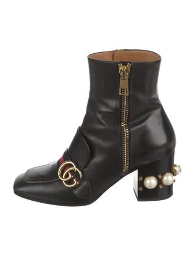 Pre-owned Gucci Double G Logo Leather Boots In Black