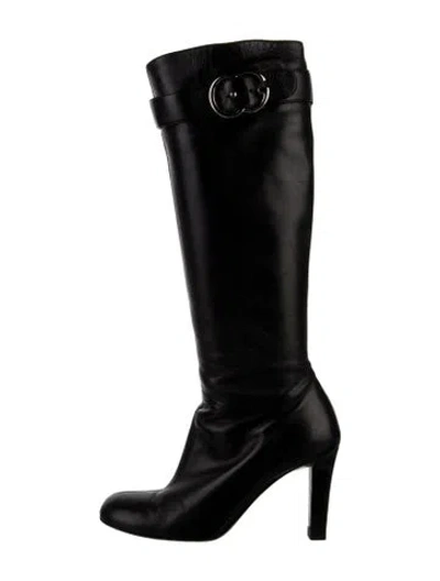 Pre-owned Gucci Double G Logo Leather Boots In Black