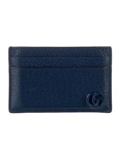 Pre-owned Gucci Double G Logo Leather Card Holder In Blue