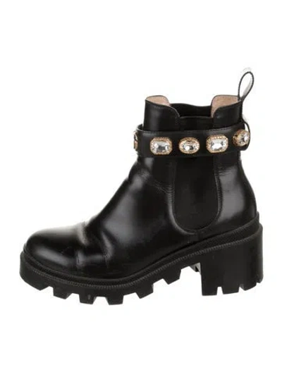 Pre-owned Gucci Double G Logo Leather Chelsea Boots In Black