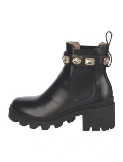 Pre-owned Gucci Double G Logo Leather Chelsea Boots In Black