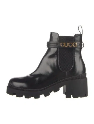 Pre-owned Gucci Double G Logo Leather Chelsea Boots In Black
