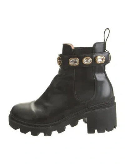 Pre-owned Gucci Double G Logo Leather Chelsea Boots In Black