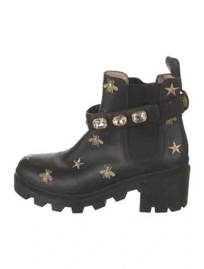 Pre-owned Gucci Double G Logo Leather Chelsea Boots In Black