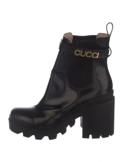 Pre-owned Gucci Double G Logo Leather Chelsea Boots In Black