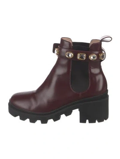 Pre-owned Gucci Double G Logo Leather Chelsea Boots In Burgundy