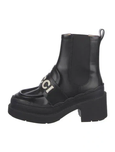 Pre-owned Gucci Double G Logo Leather Combat Boots In Black