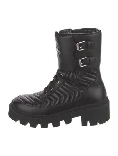 Pre-owned Gucci Double G Logo Leather Combat Boots In Black