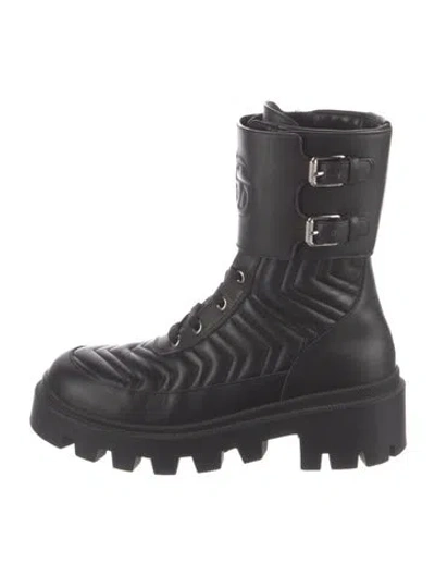 Pre-owned Gucci Double G Logo Leather Combat Boots In Black