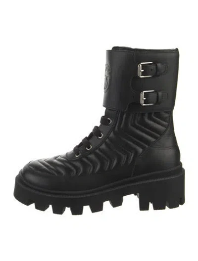 Pre-owned Gucci Double G Logo Leather Combat Boots In Black
