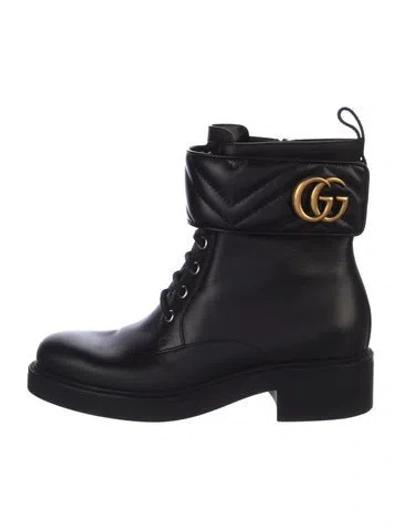 Pre-owned Gucci Double G Logo Leather Combat Boots In Black