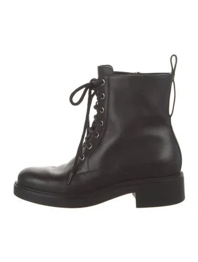 Pre-owned Gucci Double G Logo Leather Combat Boots In Black