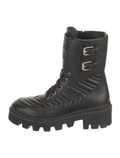 Pre-owned Gucci Double G Logo Leather Combat Boots In Black