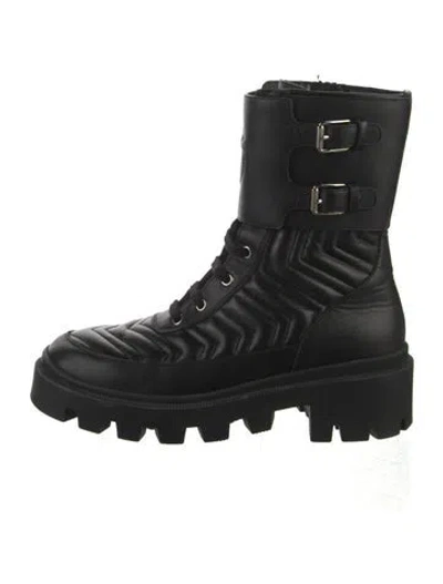 Pre-owned Gucci Double G Logo Leather Combat Boots In Black