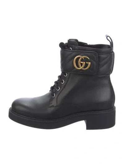 Pre-owned Gucci Double G Logo Leather Combat Boots In Blue