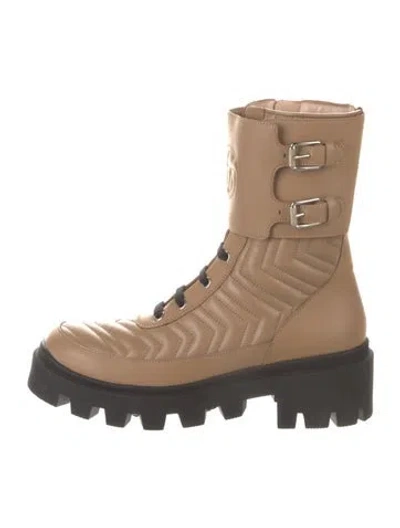 Pre-owned Gucci Double G Logo Leather Combat Boots In Neutral