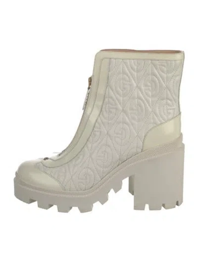 Pre-owned Gucci Double G Logo Leather Combat Boots In Neutrals