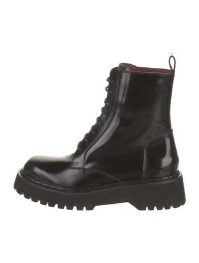 Pre-owned Gucci Double G Logo Leather Combat Boots W/ Tags In Black