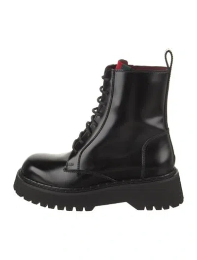 Pre-owned Gucci Double G Logo Leather Combat Boots W/ Tags In Black