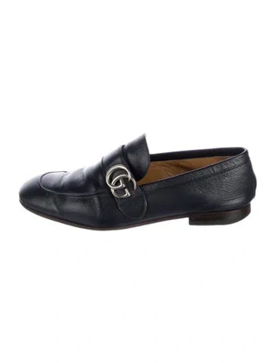 Pre-owned Gucci Double G Logo Leather Dress Loafers In Blue