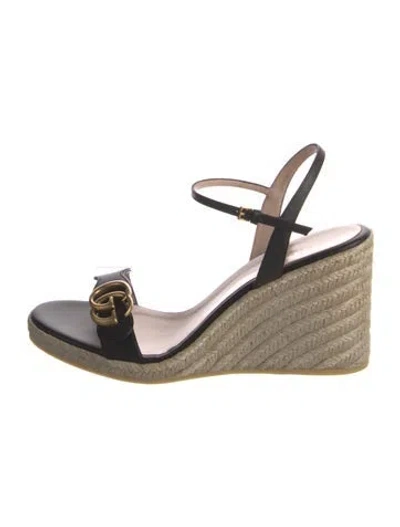 Pre-owned Gucci Double G Logo Leather Espadrilles In Black