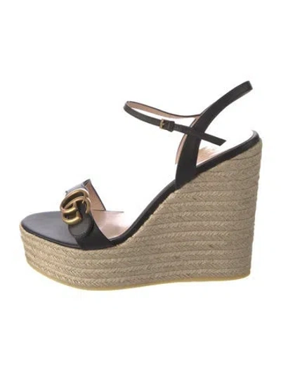 Pre-owned Gucci Double G Logo Leather Espadrilles In Black