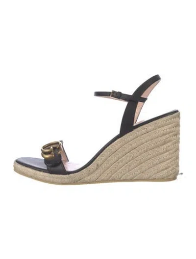 Pre-owned Gucci Double G Logo Leather Espadrilles In Black