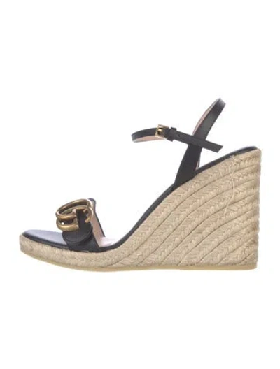 Pre-owned Gucci Double G Logo Leather Espadrilles In Black