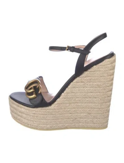 Pre-owned Gucci Double G Logo Leather Espadrilles In Black
