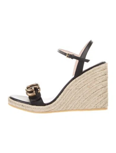 Pre-owned Gucci Double G Logo Leather Espadrilles In Black