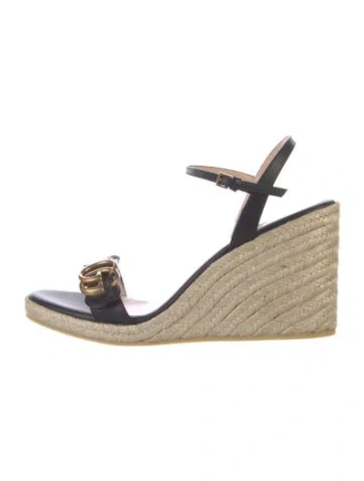 Pre-owned Gucci Double G Logo Leather Espadrilles In Black