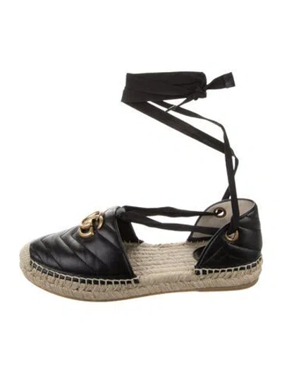 Pre-owned Gucci Double G Logo Leather Espadrilles In Black