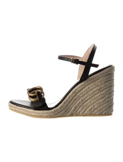 Pre-owned Gucci Double G Logo Leather Espadrilles In Black
