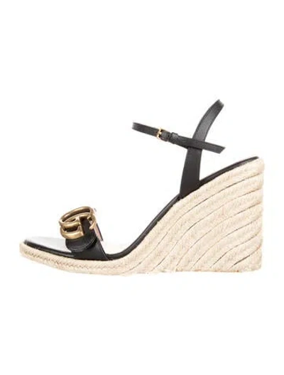 Pre-owned Gucci Double G Logo Leather Espadrilles In Black