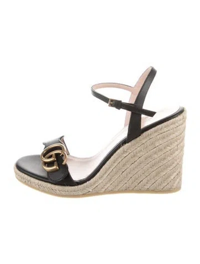 Pre-owned Gucci Double G Logo Leather Espadrilles In Black