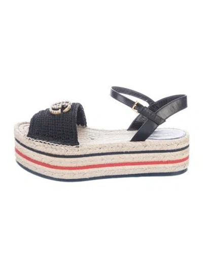 Pre-owned Gucci Double G Logo Leather Espadrilles In Black