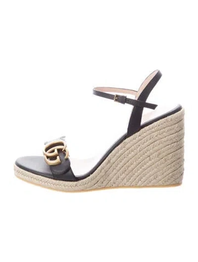 Pre-owned Gucci Double G Logo Leather Espadrilles In Black