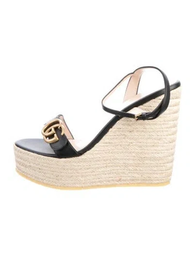 Pre-owned Gucci Double G Logo Leather Espadrilles In Black
