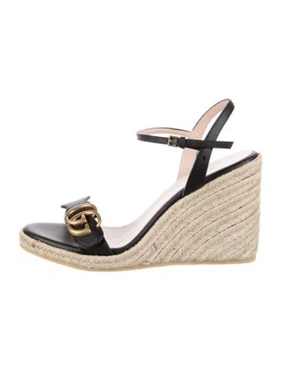 Pre-owned Gucci Double G Logo Leather Espadrilles In Black