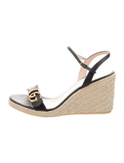Pre-owned Gucci Double G Logo Leather Espadrilles In Black