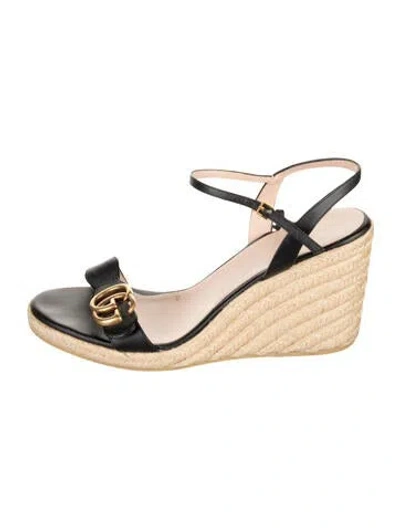 Pre-owned Gucci Double G Logo Leather Espadrilles In Black